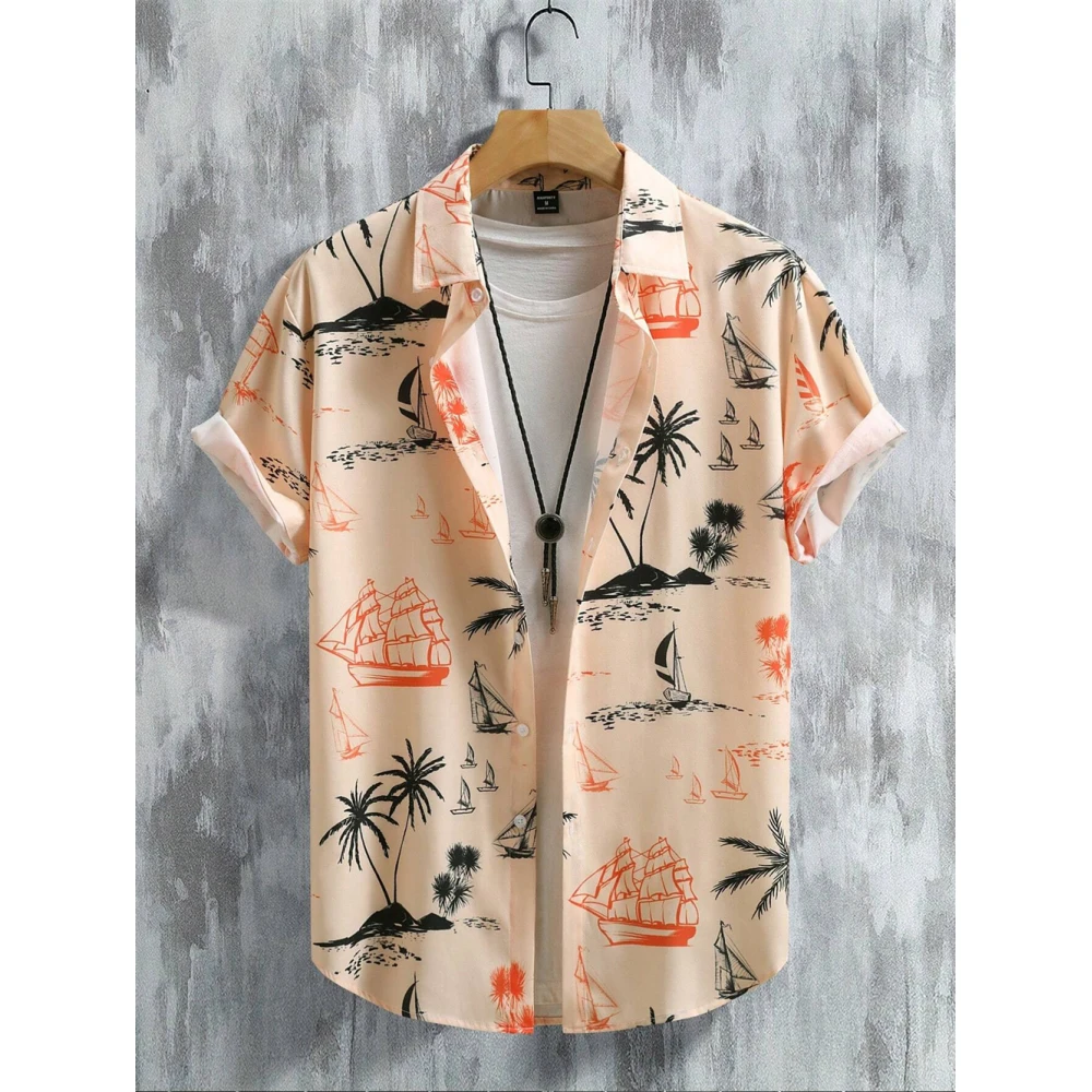 Casual Short Sleeved Shirt Short Sleeved Shirt Button Down Shirt Men's Coconut Tree Graphic Print Short Sleeve Lapel Shirt Tops Men's Casual Button down Shirts Clothing Versatile