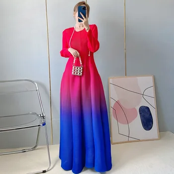 Miyake Pleated Gradient Long Sleeve Flower Bud Dress Women New Fashion Original Designer Elegant Plus Size Dresses 1