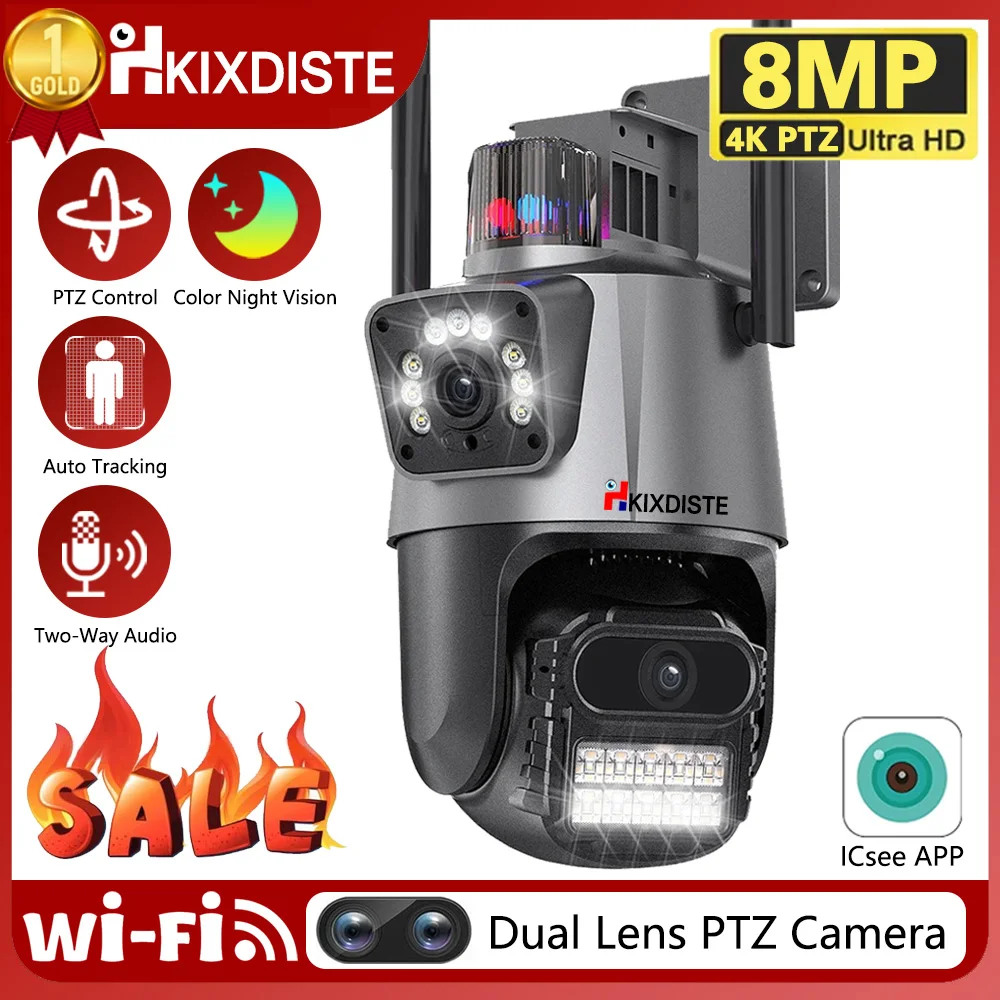 Esterno 8Mp 4K Ptz Wifi Camera Outdoor Dual Lens Cctv Video Police Light Alarm Sicurezza Track Protection Sorveglianza P2P Icsee