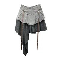 Retro Spliced Denim Pleated Skirt for Women Summer New Temperament Hot Girl Fashionable High Waist A-line Skirt - Image 2