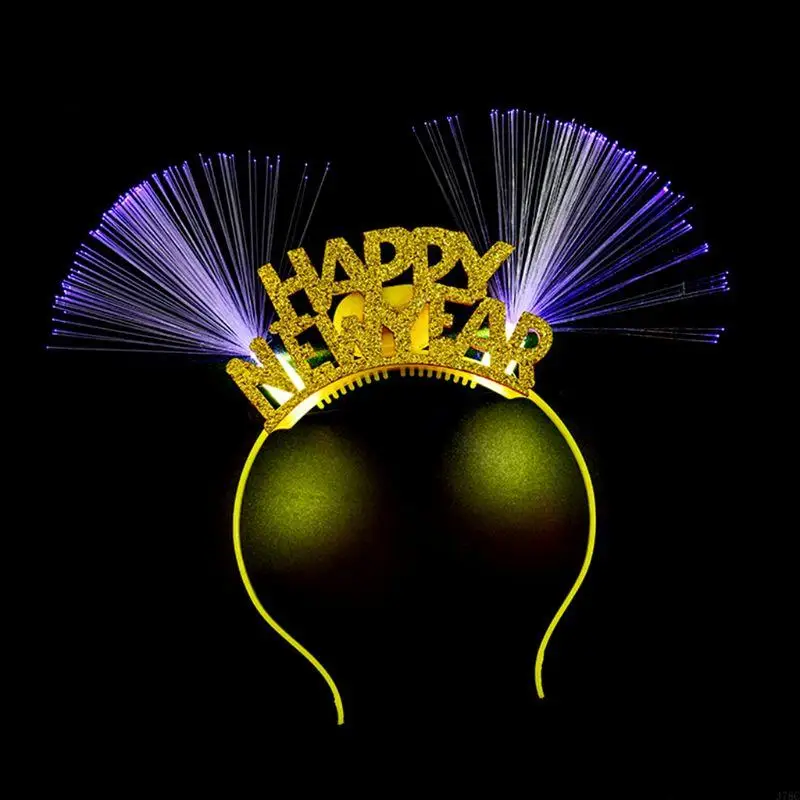 J78C Women Girls Lovely LED Fiber Ear Hair Hoop Glitter Happy New Year Letters