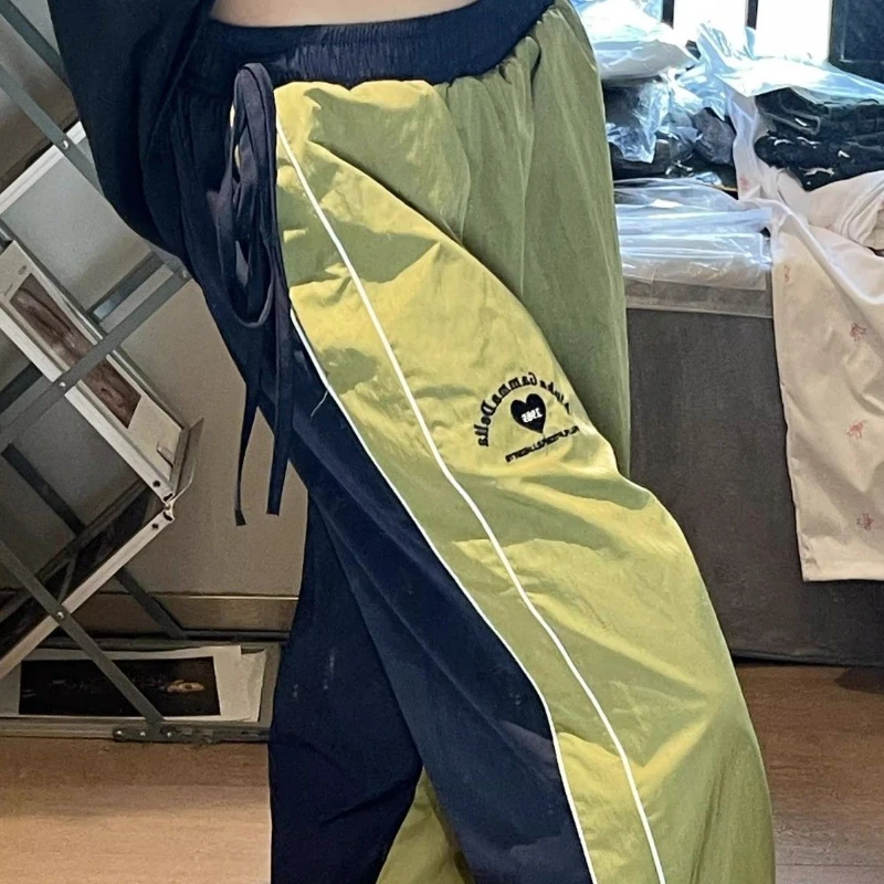 Quick Drying Rushing Sweatpants Women American Retro Casual Color Blocking Outdoor Loose Wide Leg Green Pants Tide Running Pants