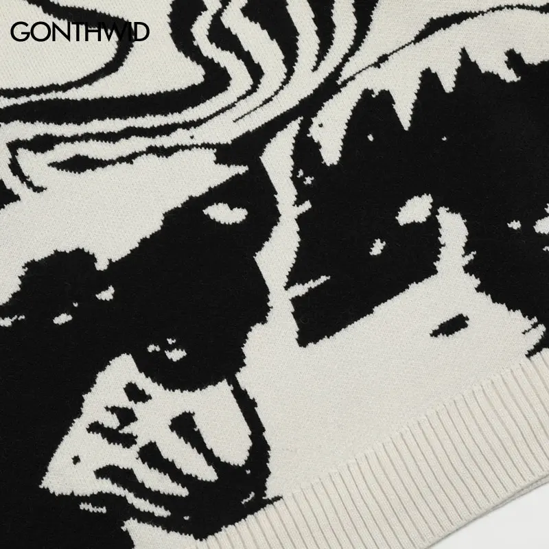 GONTHWID 2023 Men Streetwear Sweater Retro Painting Skull Graphic Hip Hop Knitted Vintage Pullover Casual Wool Sweater Hipster