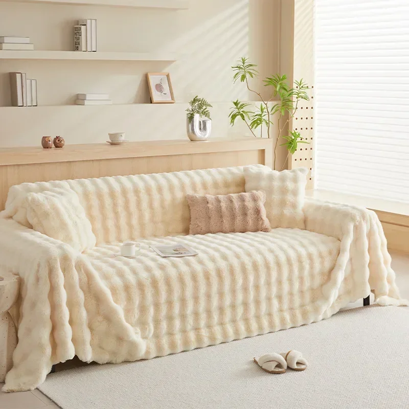 Sofa Cover Towel Imitation Rabbit Plush Universal Non-slip Soft for Living Room Winter