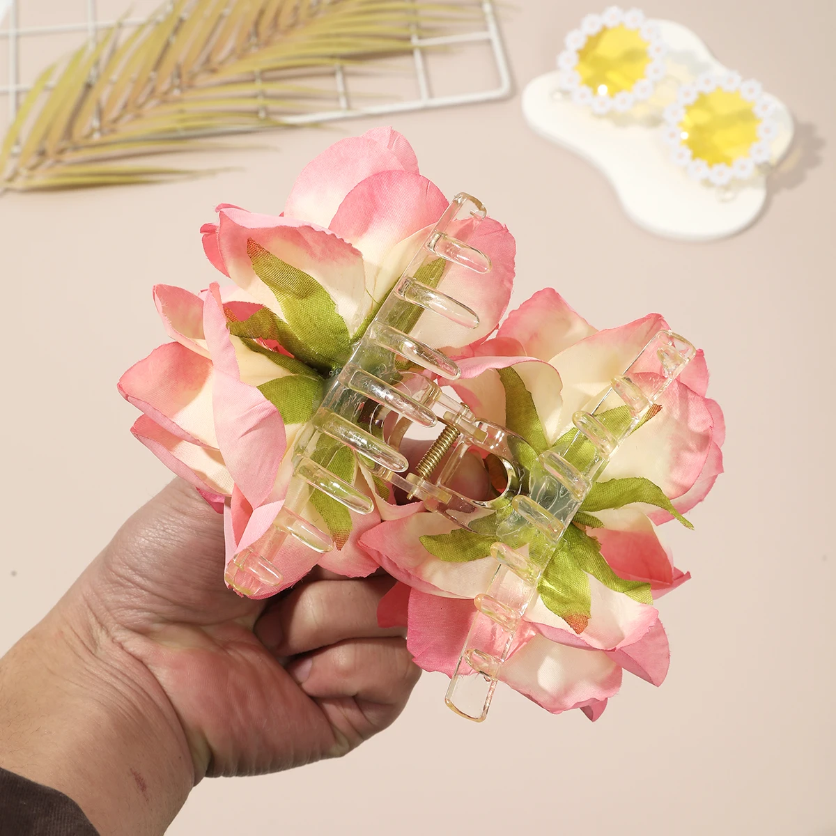 1pc Elegant Artificial Rose Flower Hair Claw For Women New Large Shark Clips Crab Clamp Sweet Barrettes Party Travel Headwear