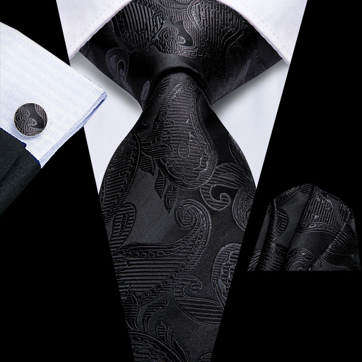 

Hi-Tie Black Paisley Designer Elegant Tie for Men Fashion Brand Wedding Party Necktie Handky Cufflink Wholesale Business