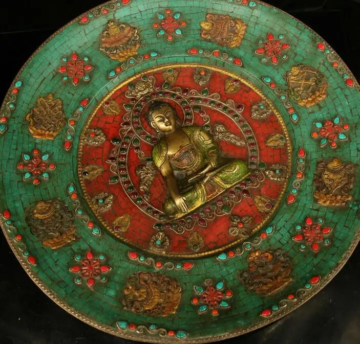 

18"Tibet Old pure copper handmade outline in gold Shakyamuni Buddha plate