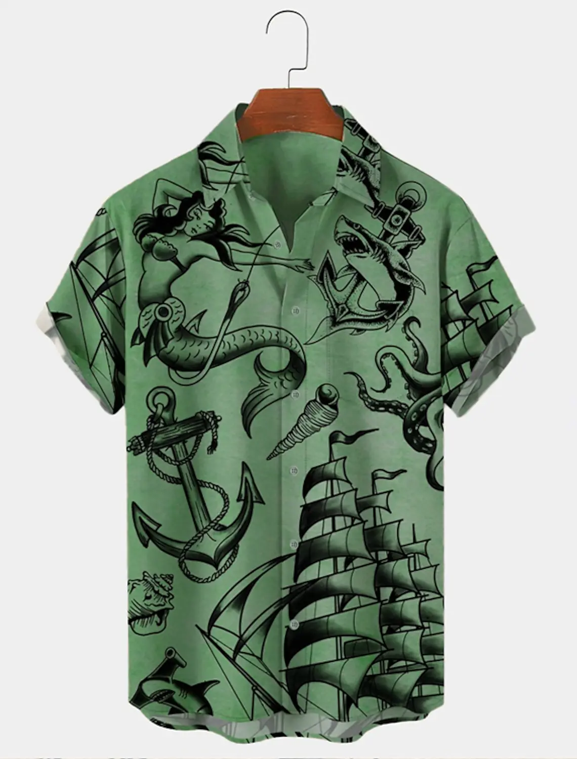 thumbnail image 1 of Camisa de hombre con estampado gráfico de tiburón sirena, ancla, cuello vuelto, manga corta, botones, ropa de calle, ropa de moda, 1 of 5