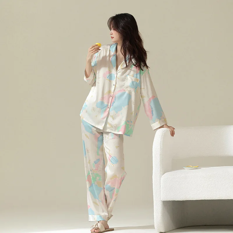 TXii Newlook Ice silk pajamas women's thin and cool imitation silk pajama set for casual and comfortable home wear