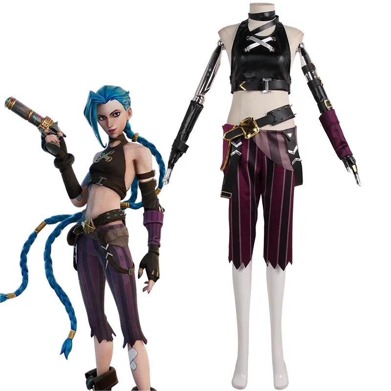 

Jinx Cosplay Game LOL Animation Arcane Costume Anime Halloween Props Girl Clothes Sisters Vi Tops Pants Straps Accessories Set