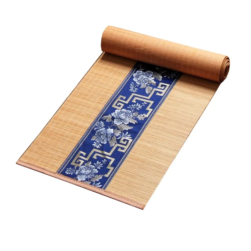 Handmade Chinese Zen Tea Mat - Embroidered Bamboo Tea Tray Mat with Jacquard Cotton Linen, Traditional Tea Ceremony Table Runner