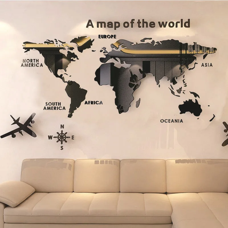World Map Wall DIY 3D Acrylic Wall Stickers Three-dimensional Mirror Stickers Bedroom Office Background Decoration