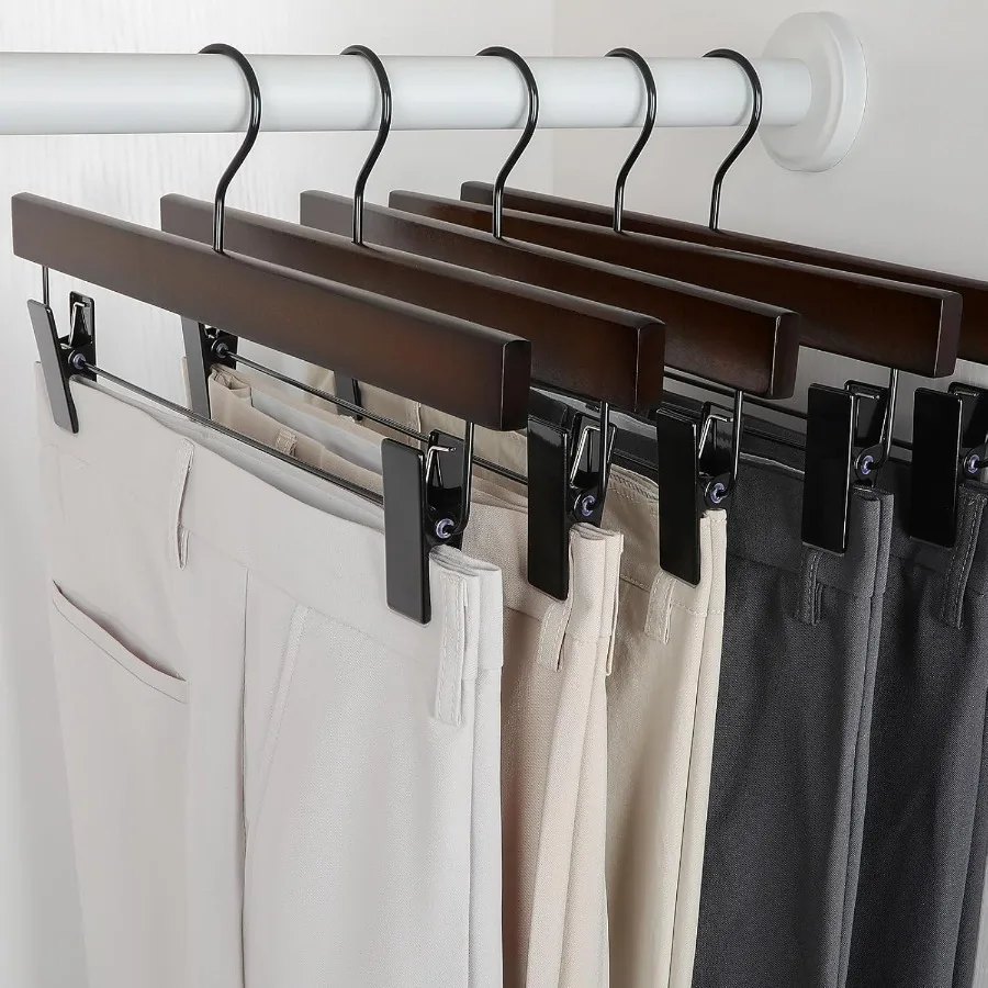 Wooden Pants Hangers with 2 Adjustable Metal Clips for Skirts and Trouser Storage Premium Retro Finish with 360 Swivel Black Ho
