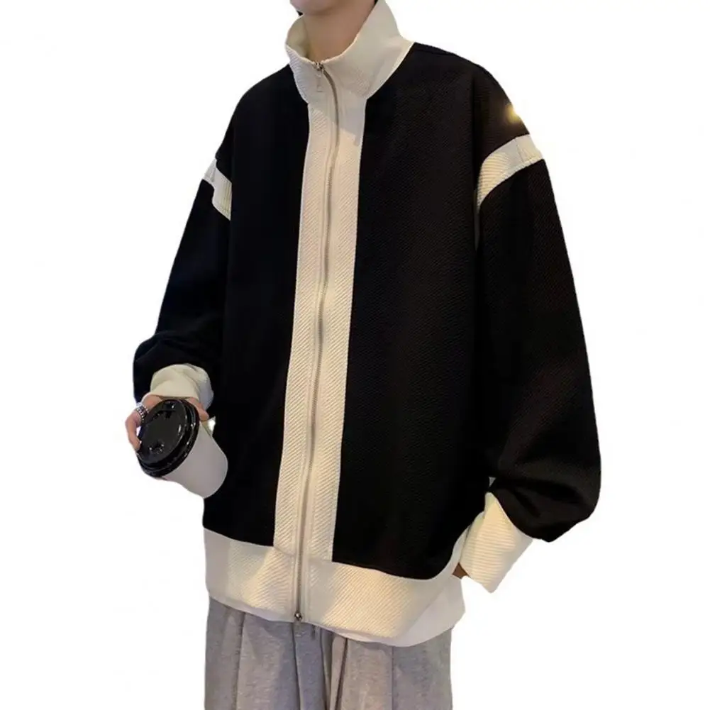

Men Coat Colorblock Stand Collar Slant Striped Zipper Closure Cardigan Long Sleeve Loose Mid Length Jacket