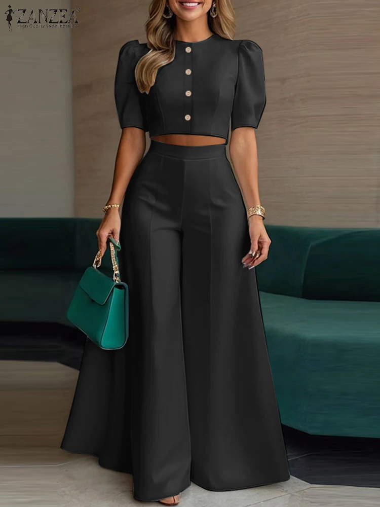 ZANZEA Street Fashion Woman 2 Piece Sets Stylish Short Puff Sleeve Crop Tops Wide Leg Pants 2PCS Outfit Elegant Office Pant Sets 3
