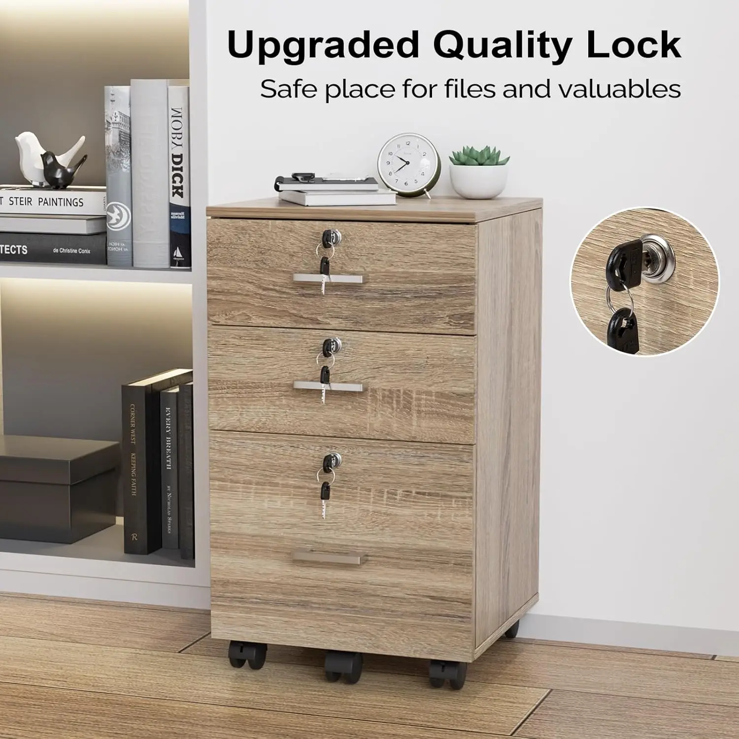 3-Drawer File Cabinet with Lock, Wood Rolling Filing Cabinets for Home Office, Mobile Printer Stand, Under Desk File Organizer