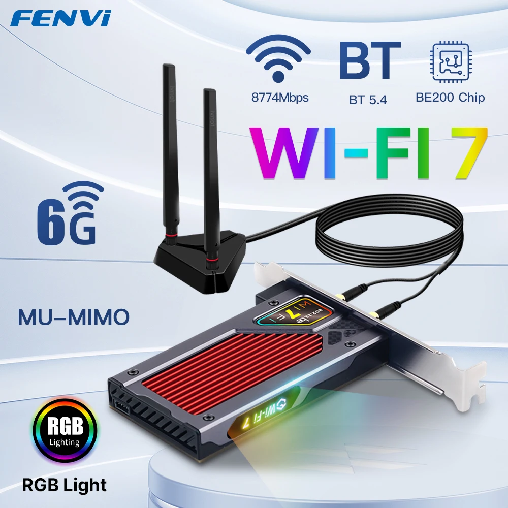 Fenvi-adaptador sem Fio Pcie para pc Wi-fi Bluetooth 5.4 802.11be Luz Rgb Placa de Rede Tri Band 6g 5g 2.4g Win 10 11 Be200