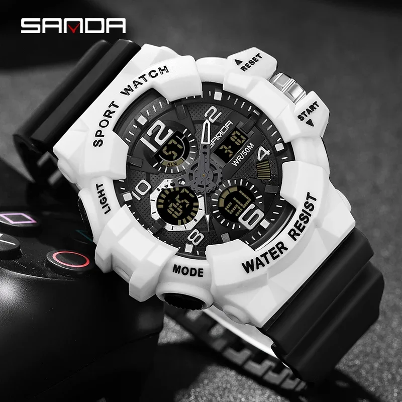 SANDA 3168  LED Digital 50M Waterproof Watch Men Multifunction Clock Relogio Masculino Men Military Watches White Sport Watch 5