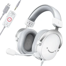 FIFINE USB Gaming Headset with 7.1 Surround Sound and Microphone, Over-Ear Wired Headphones (WHITE)