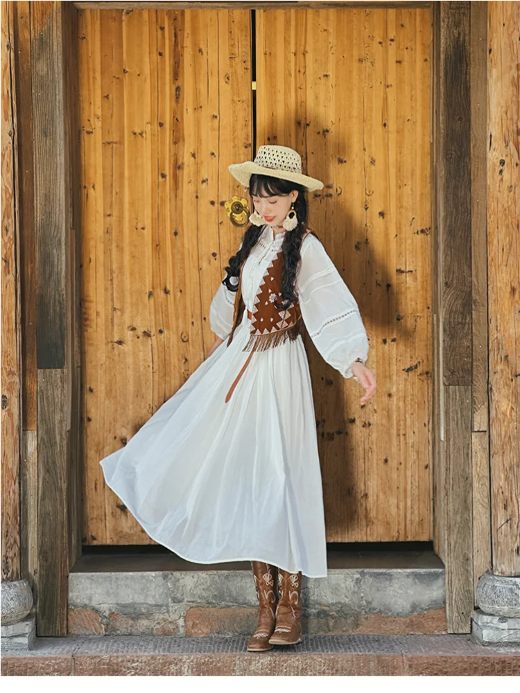 

BULOCHOVA Spring And Summer Women's Suit Clothes Embroidery Tassel Vest + High Waist Long Dress 2 Piece Set Boho Holiday Outfits