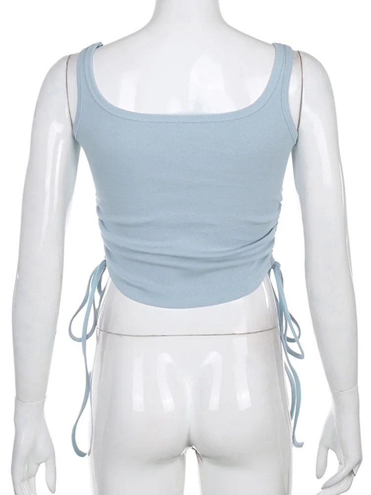 Geraffte ärmellose Tanktops T-Shirts Frauen solide lässige Mode Ernte Top Damen High Street binden Croptop Sommer Fitness — изображение 6