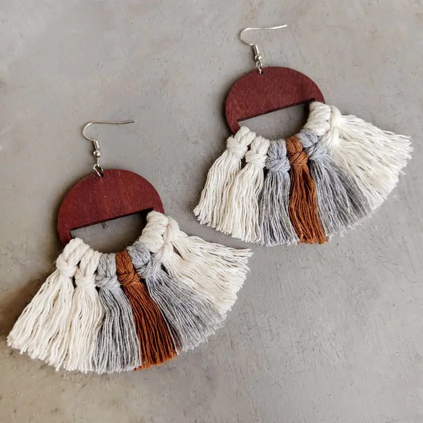 Boucles d'oreilles Boho en bois et coton pour femmes, bijoux en macramé, fait à la main, couleur mixte, vente en gros