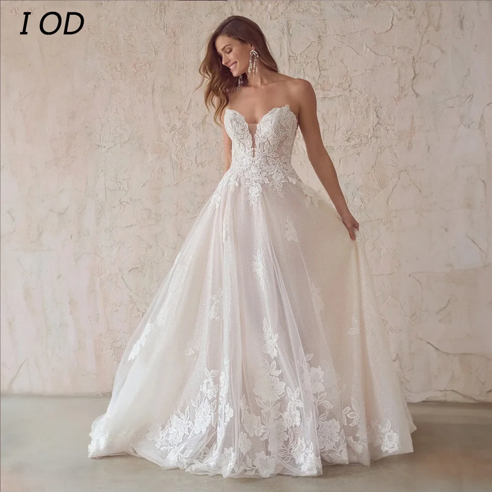

I OD Modern A-Line Wedding Dress V-Neck Sleeveless Lace Appliques Backless Bridal Gown Button Floor Length Vestidos De Novia New