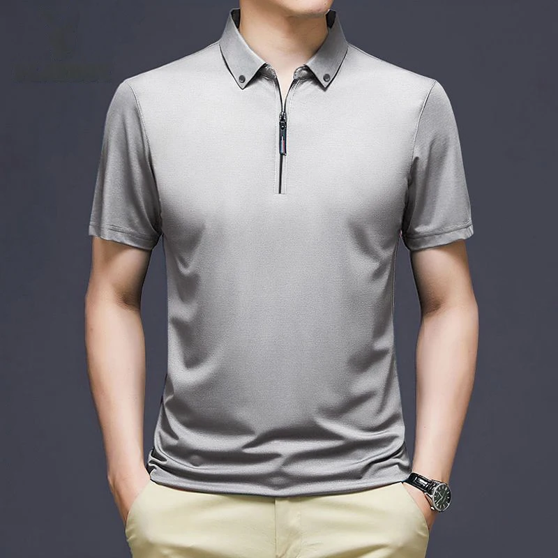 

Fashion Lapel Zipper Solid Color Business Polo Shirts Men's Clothing 2024 Summer New Loose Korean Tops All-match Tee Shirt