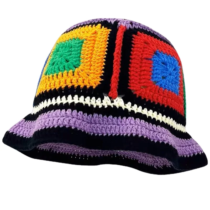 

Women's Handmade Colorful Raffia Crochet Bucket Hats Y2k Fashion Summer Straw Beach Hat Korean Hollow Knitted Fisherman Hat