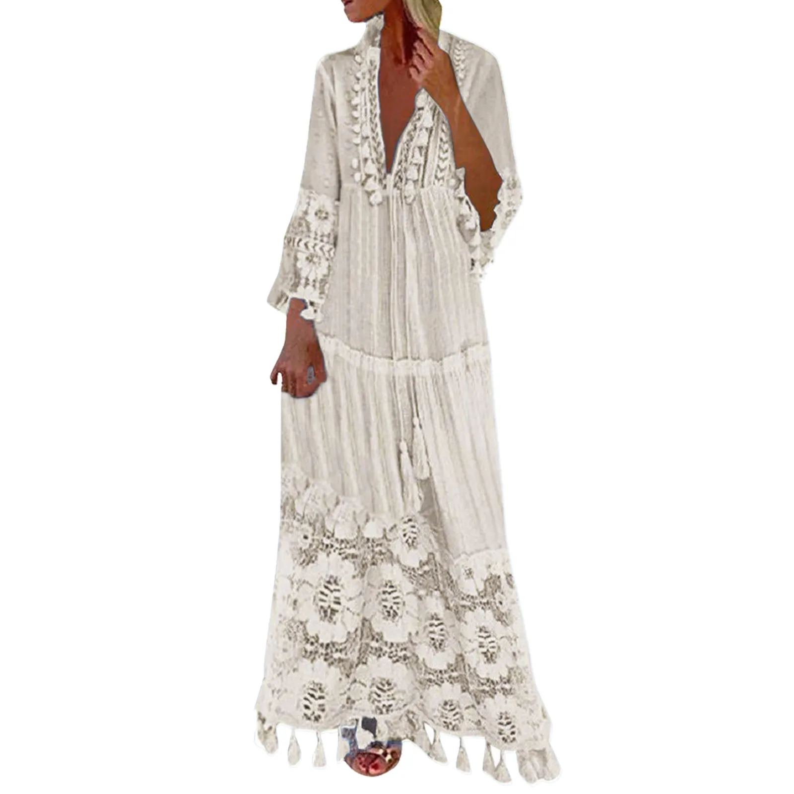 

Ladies Vintage V Neck Long Sleeve Lace Tassel Long Dress Boho Beach Party Dresses Solid Color Casual Women Retro Summer Dress