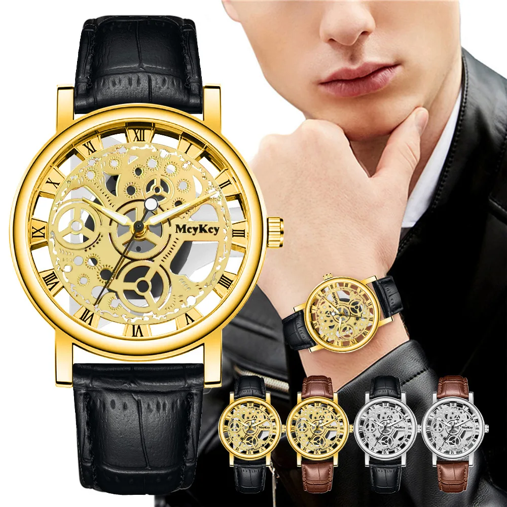 

New Fashion Luxury Men Hollow Skeleton Faux Mechanical Watch Leather Strap Watch For Men Sports Quartz Watches relogio masculino