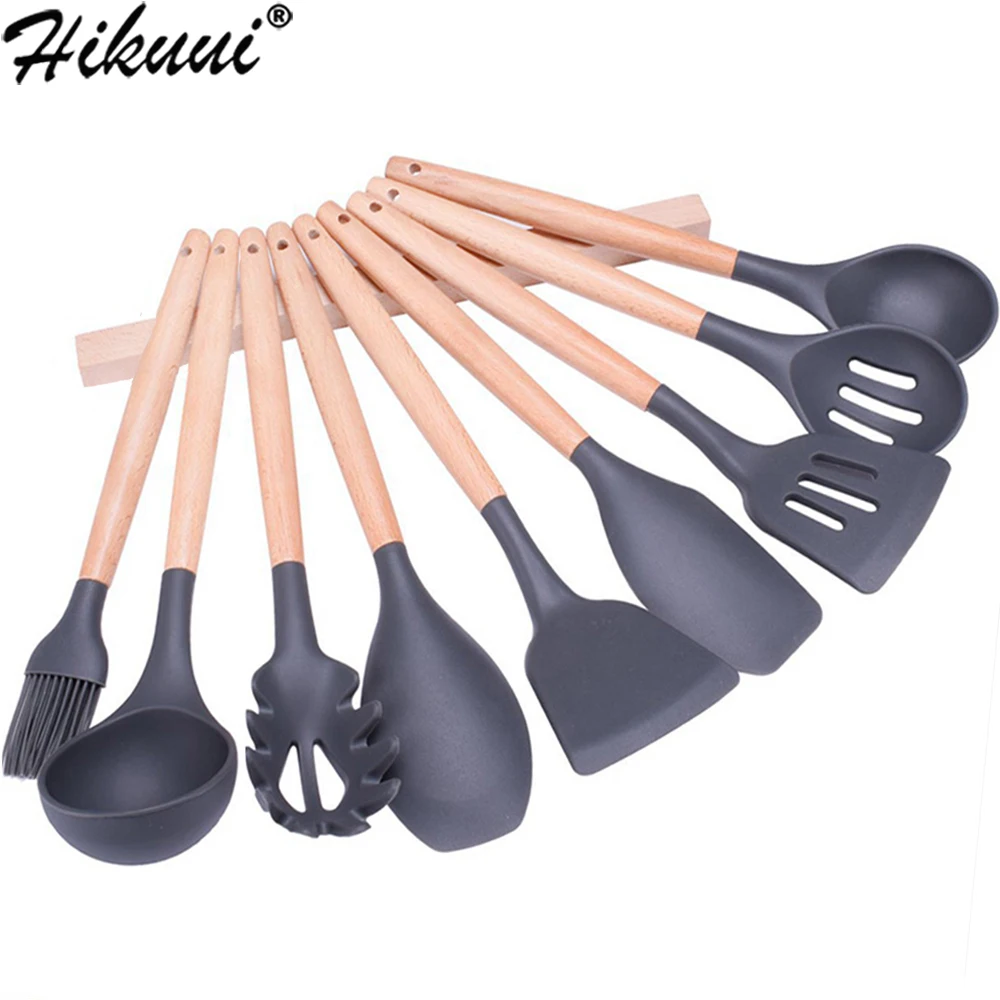 9pcs/set Kitchen Silicone Cooking Tools Utensil Gadgets Silicone Wooden Handle Spoon Brush Ladle Nonstick Cookware Baking Tools