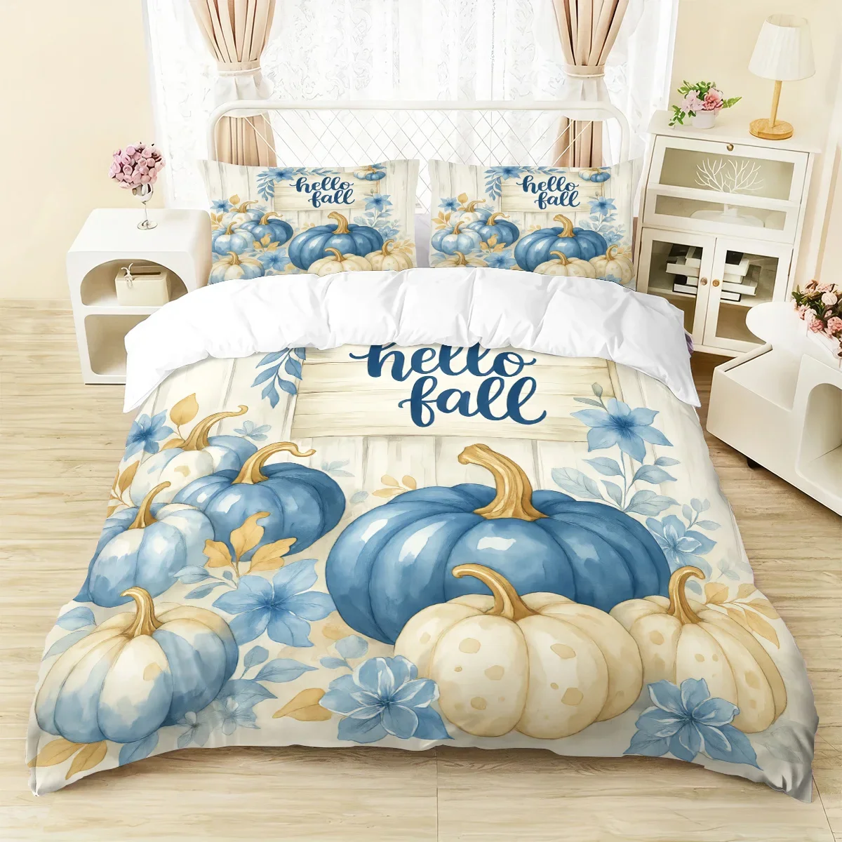3 Pcs Harvest Pumpkin Printed Down Duvet Covers, 1 Down Duvet Cover+2 Pillowcases, No Core. Soft and Comfortable Bedding Set
