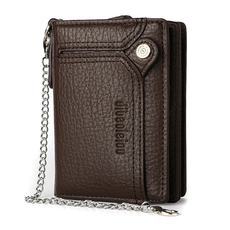 Men PU Leather Short Wallet With Chain Zipper Clutch Wallet Male Short Trifold Purse Card Holder Change Coin Purse 2