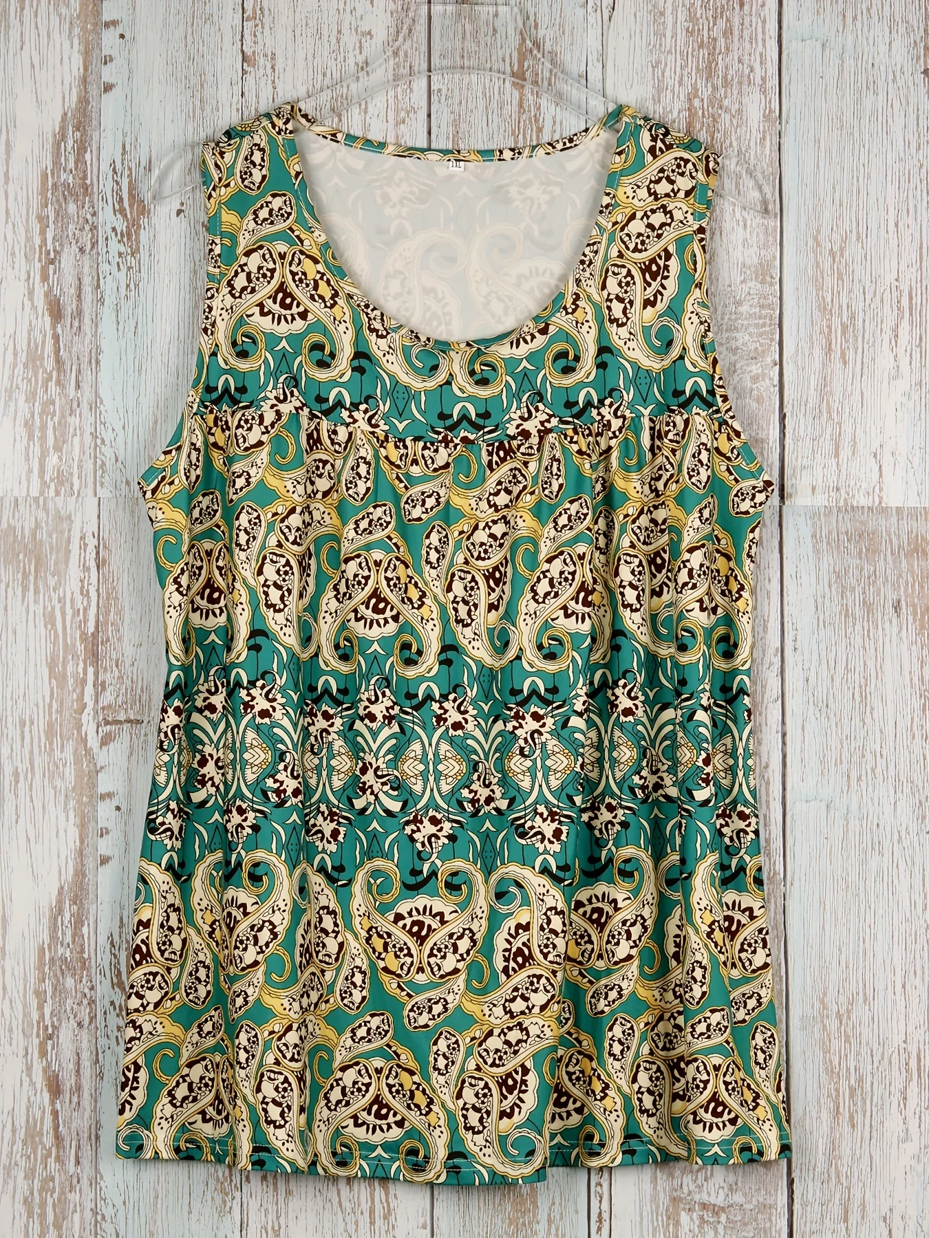 Plus Size Geometric Print Ruched Tank Top Casual Crew Neck Sleeveless Top For Summer Women's Plus Size Clothing image