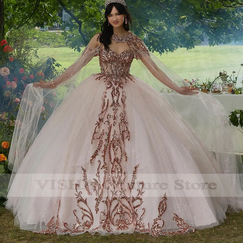 

2024 New Luxury Ball Gown Quinceanera Dresses With Cape Beads Sequins Lace Appliques Remove Sleeve Vestidos De 15 Años Birthday