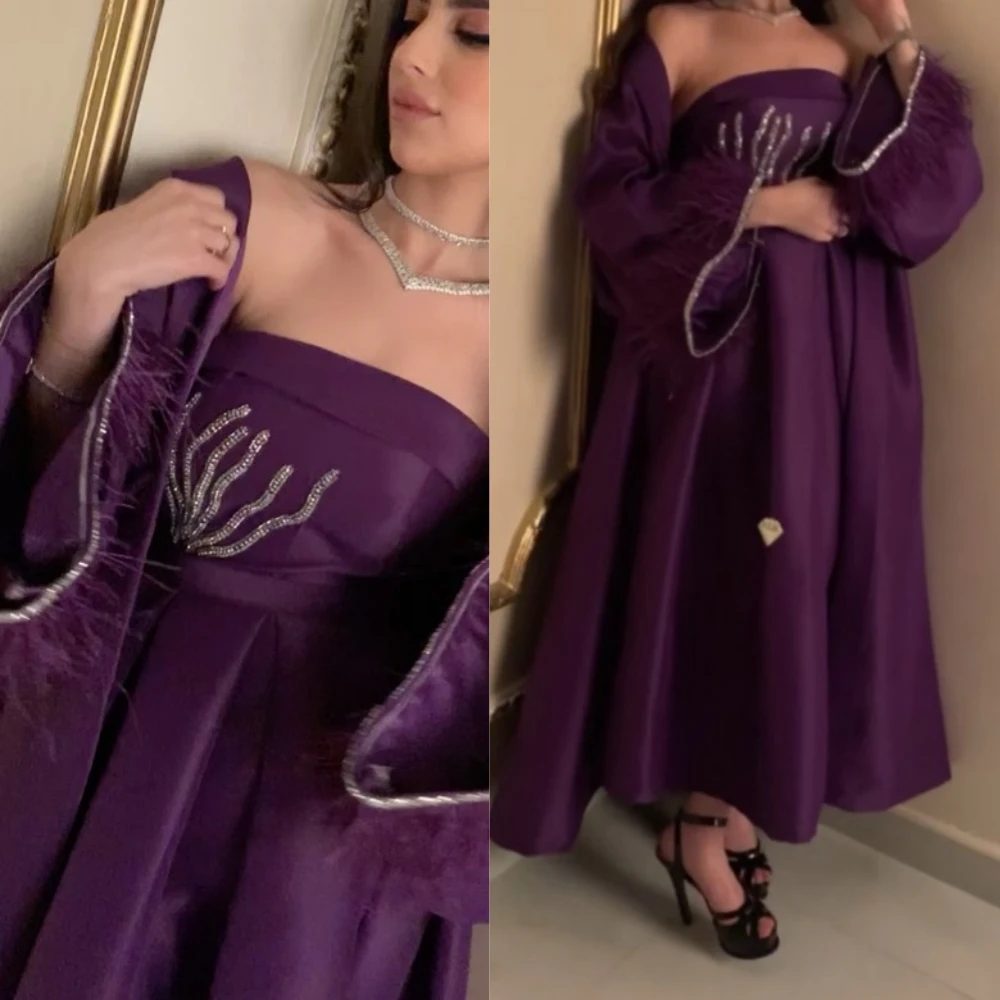 

Prom Dress Feather Retro Strapless A-line Paillette / Sequins Tassel Bolero Stole Taffeta Anke Length Evening فساتين