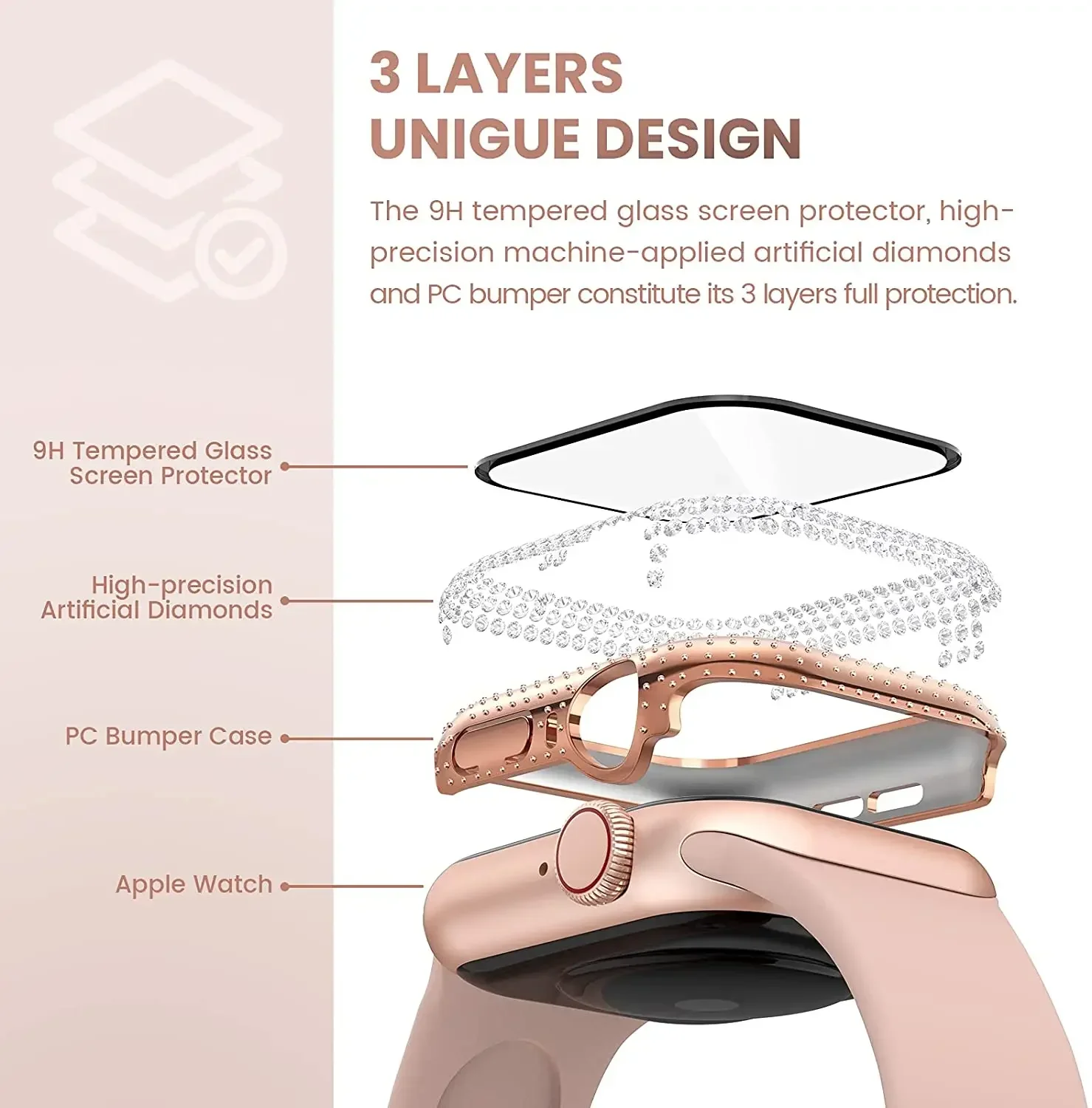 Bling Crystal Diamond Case with Tempered Glass for Apple Watch