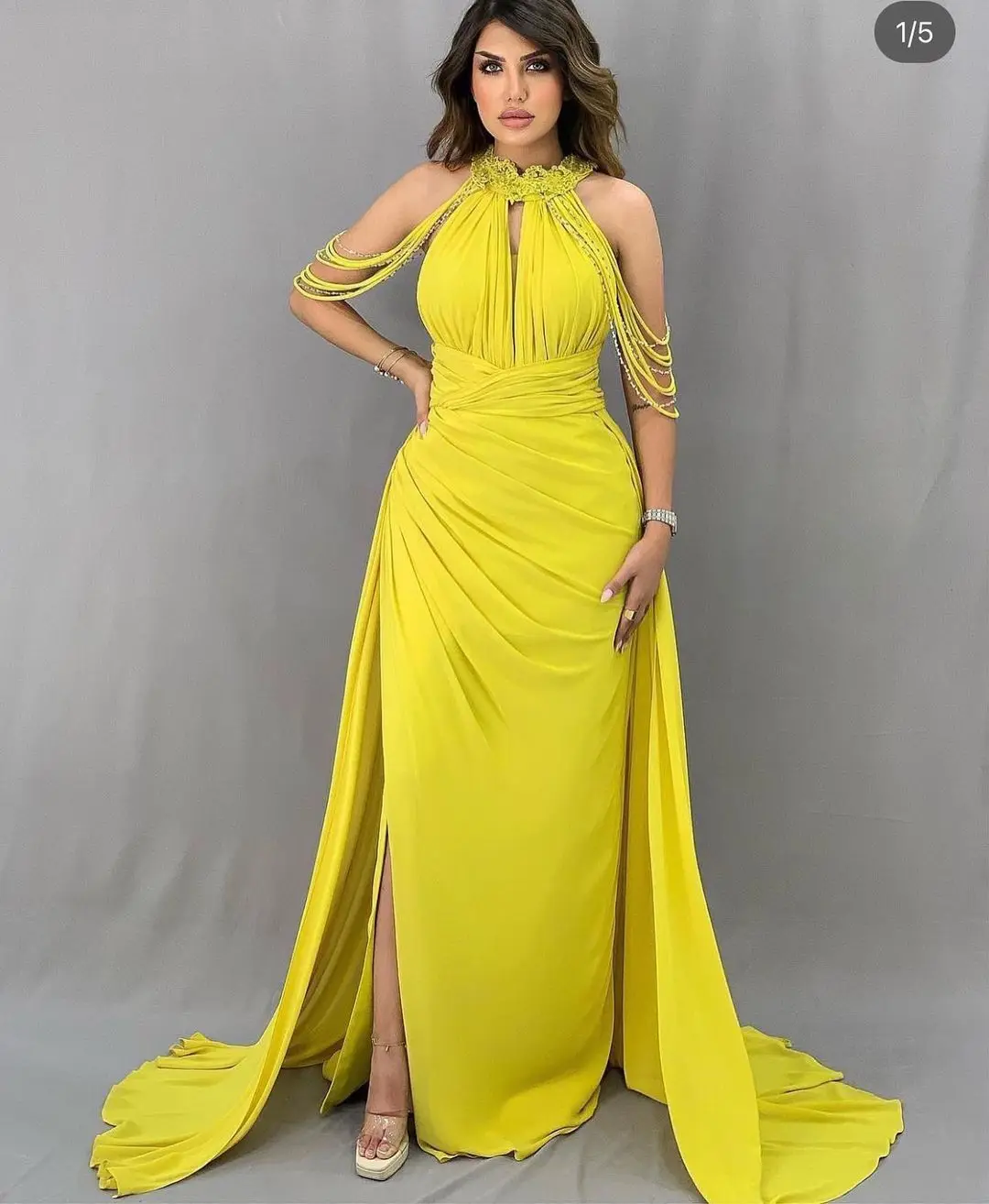 

Vintage Mermaid Evening Dresses Sleeveless O-Neck Prom Dresses Beadings Pleated Floor Length Side Split Party Dresses