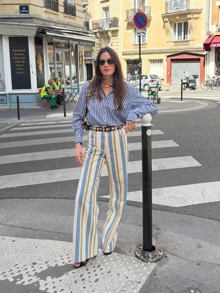 Jean décontracté rayé pour femme, taille mi-haute, avec poches à bouton unique, coupe droite, collection Printemps-Été 2026, pantalon tendance pour femme