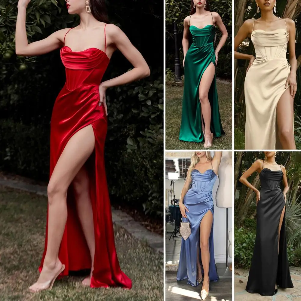 

Maxi Dress Women 2023 Chest Wrap Backless Lace-Up Side Split Satin Corset Sling Gown Dress
