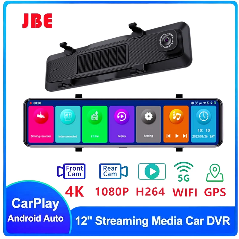 12Inch 4K 2160P Dash Cam Carplay & Android Auto 5G Wifi Rearview Mirror Camera Car DVR GPS Navigation Video Recorder Dual Lens Car Dash Cam