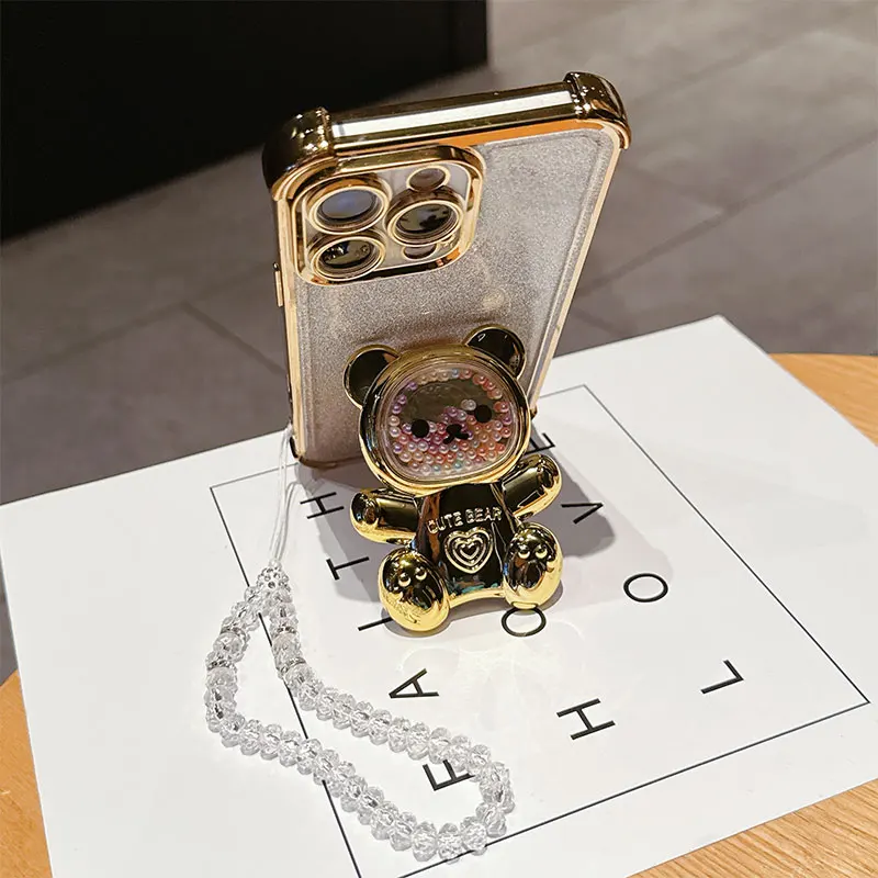 Stoßfeste Handyhülle mit 4 Ecken und niedlichem 3D-Bärenständer, Kristallketten-Lanyard, transparent, für Honor Magic8 Lite X9d X70, Rückseite – Detail 5
