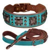 Genuine Leather Wide Dog Collar Leash Set Durable Padded Dog Collars Luxury Metal Rivet Pet Necklace With Rope for Dogs Pitbull 3