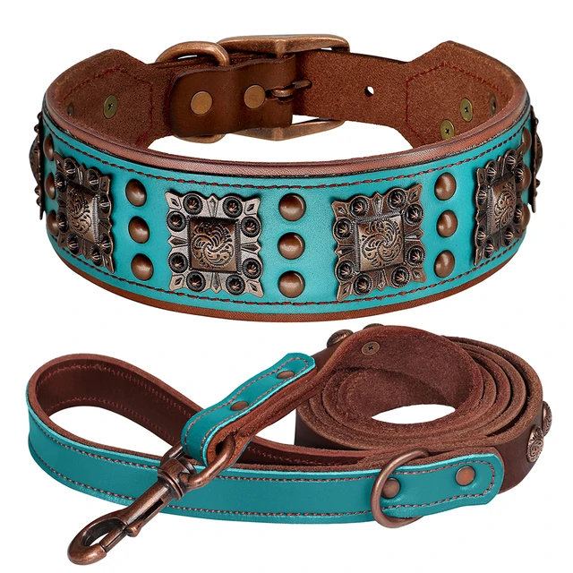 Genuine Leather Wide Dog Collar Leash Set Durable Padded Dog Collars Luxury Metal Rivet Pet Necklace With Rope for Dogs Pitbull 3
