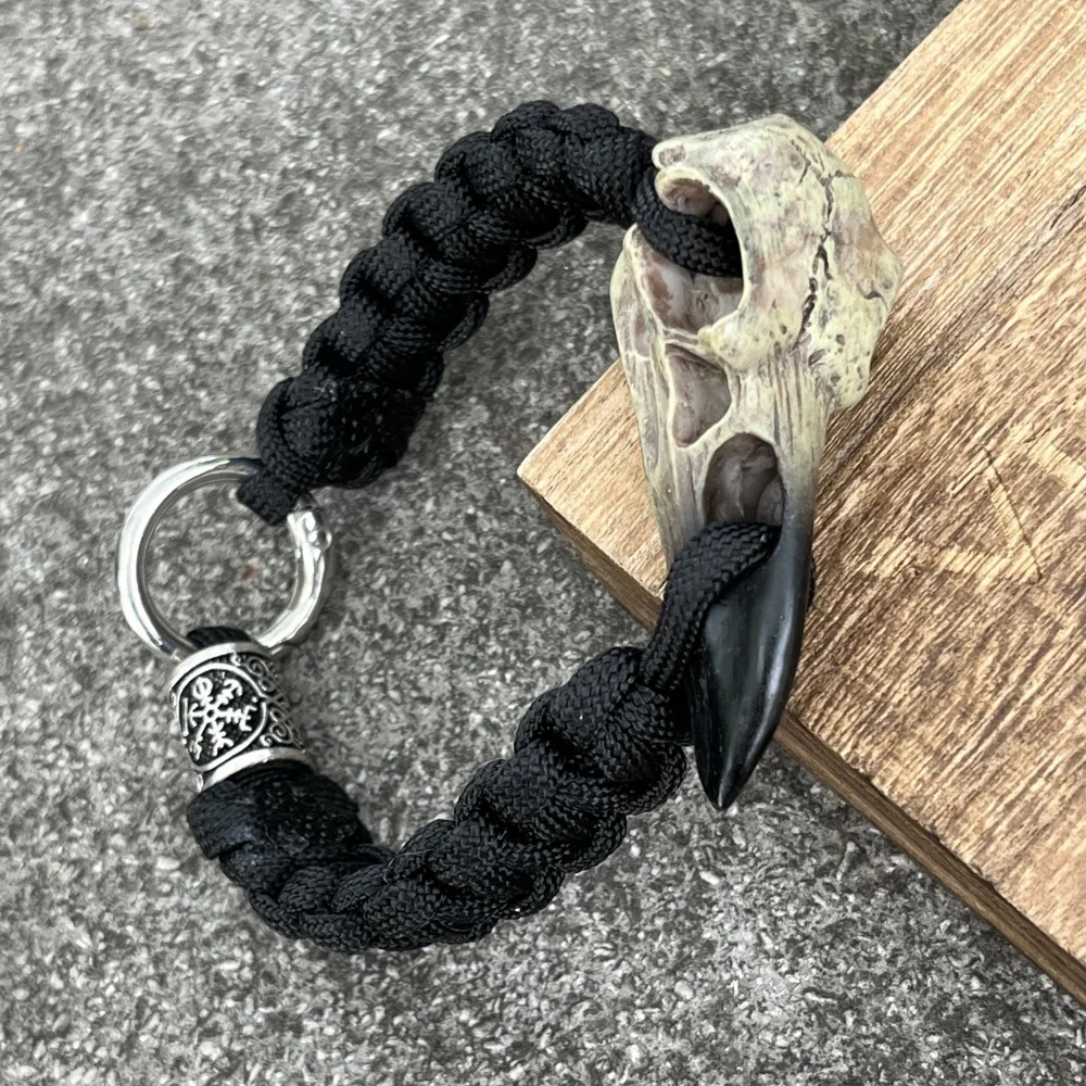 Nostalgia Punk Rock Odin Raven Skull Resin Jewelry Viking Bracelet Runic Rune Bead Paracord Crow Skeleton Bangle Accessories