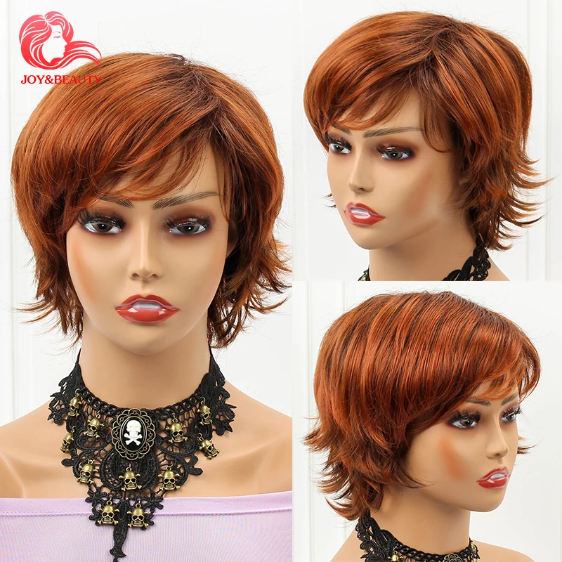 

JOY&BEAUTY Women‘s Fashion Short Wigs with Bangs Pixie Cut Soft Straight Wigs Brown Synthetic Hair Wig Costume Party Wig