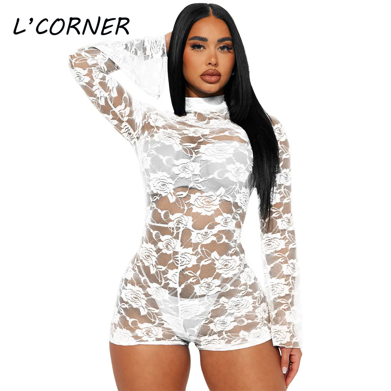 

Sexy See-through Lace Rompers High Waist Women One Piece Playsuits Party Club Outfits