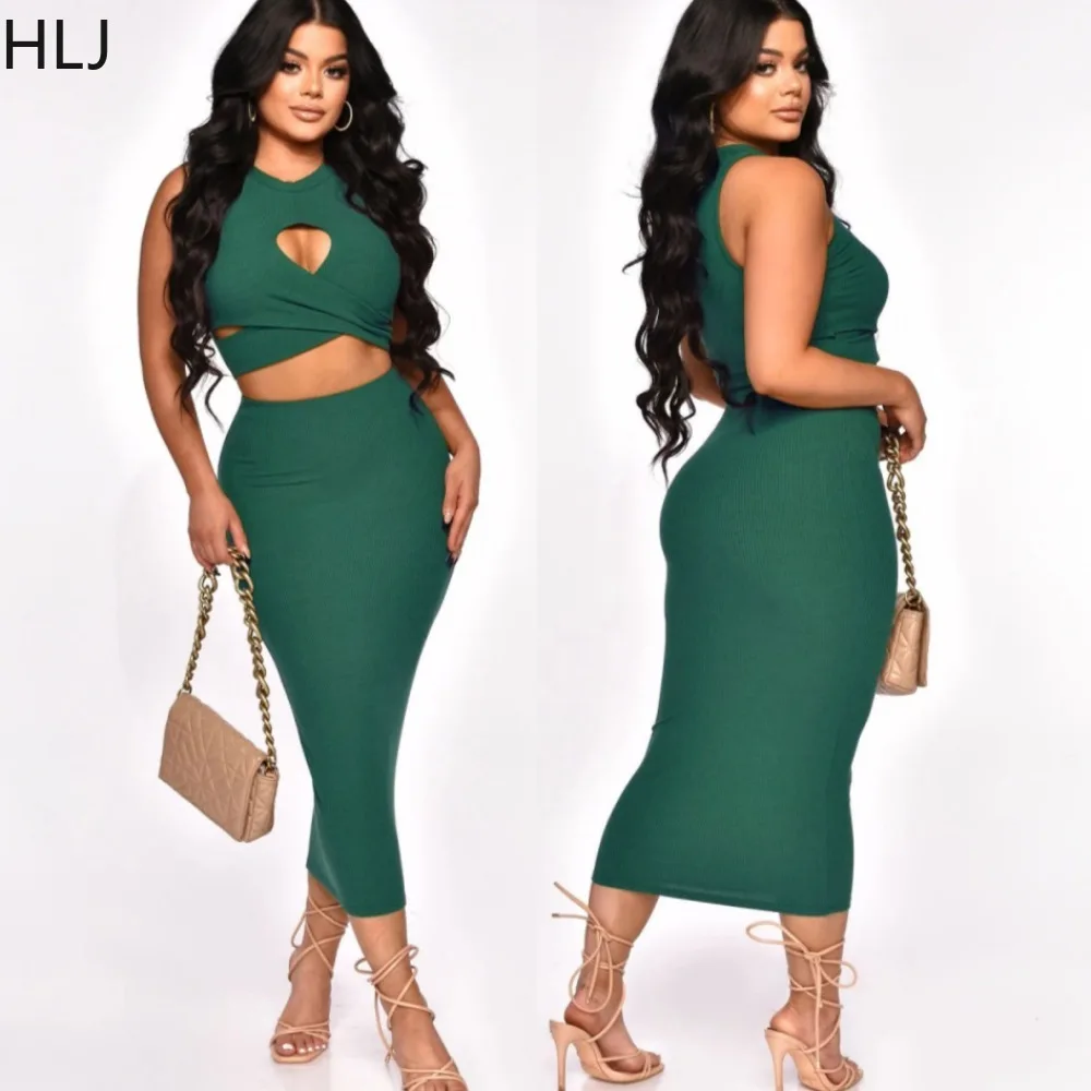 HLJ Elegant Lady Solid Hollow Skinny Skirts Two Piece Sets Women O Neck Sleeveless Crop Top+Skirts Outfits Fashion 2pcs Clothing 118 element periodic table round elements sleeveless dress dress summer prom gown dress korean style women s clothing