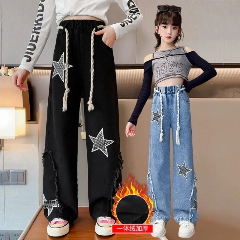 

Осенние джинсовые брюки с широкими штанинами для девочек, детская одежда, свободные школьные детские брюки, новые зимние теплые джинсы с флисовой подкладкой для девочек